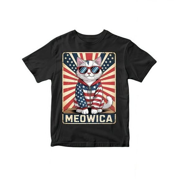 Mens Patriotic Cat T-Shirt Tee Top Black and White S-5XL Meowica Retro Vintage Americana Graphic Funny Unique Design