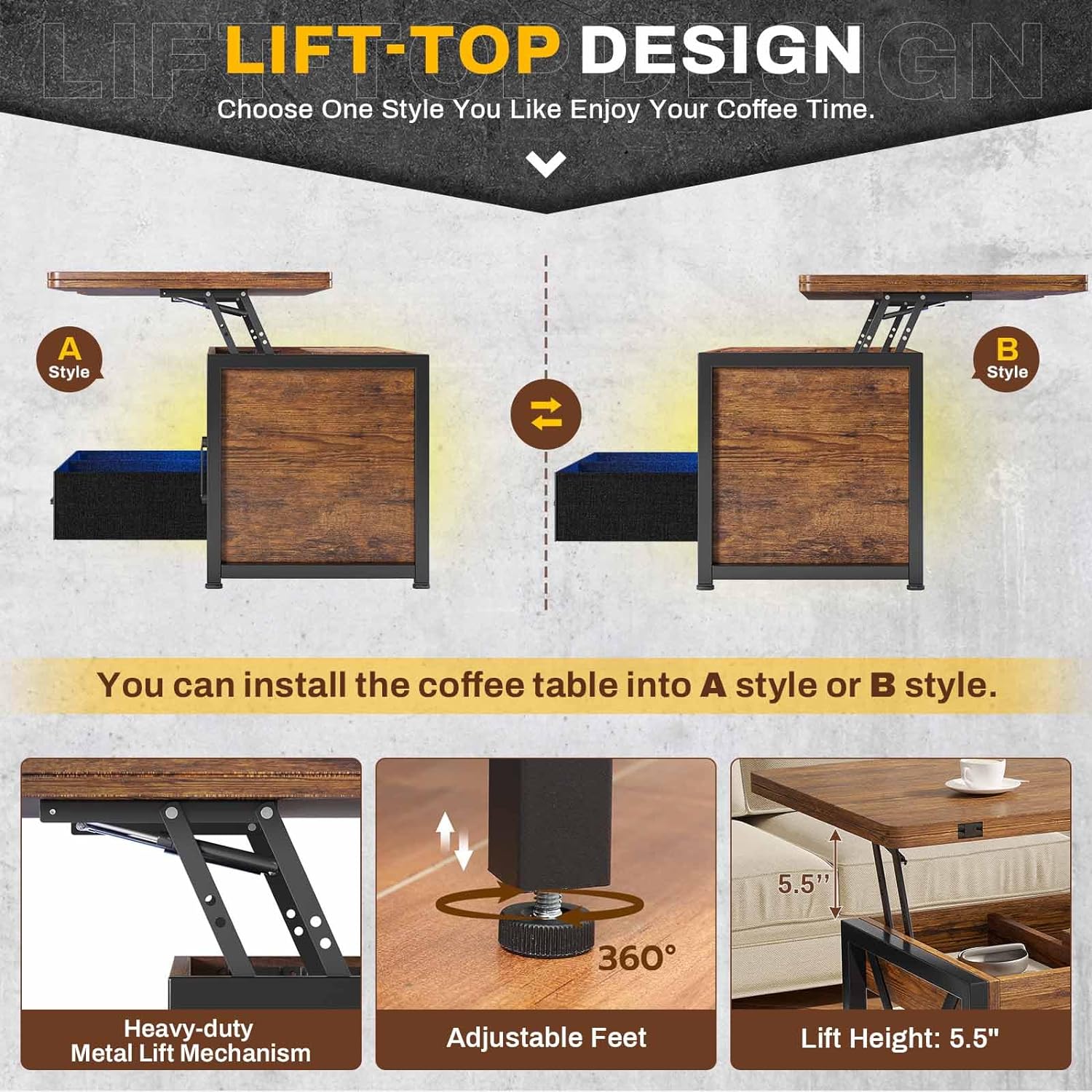 40" Lift Top Coffee Table, 4 in 1 Coffee Tables with Storage Cabinet for Living Room, Small Farmhouse Coffee Table with 2 Fabric Drawers & LED Light for Dining Room, Rustic Brown