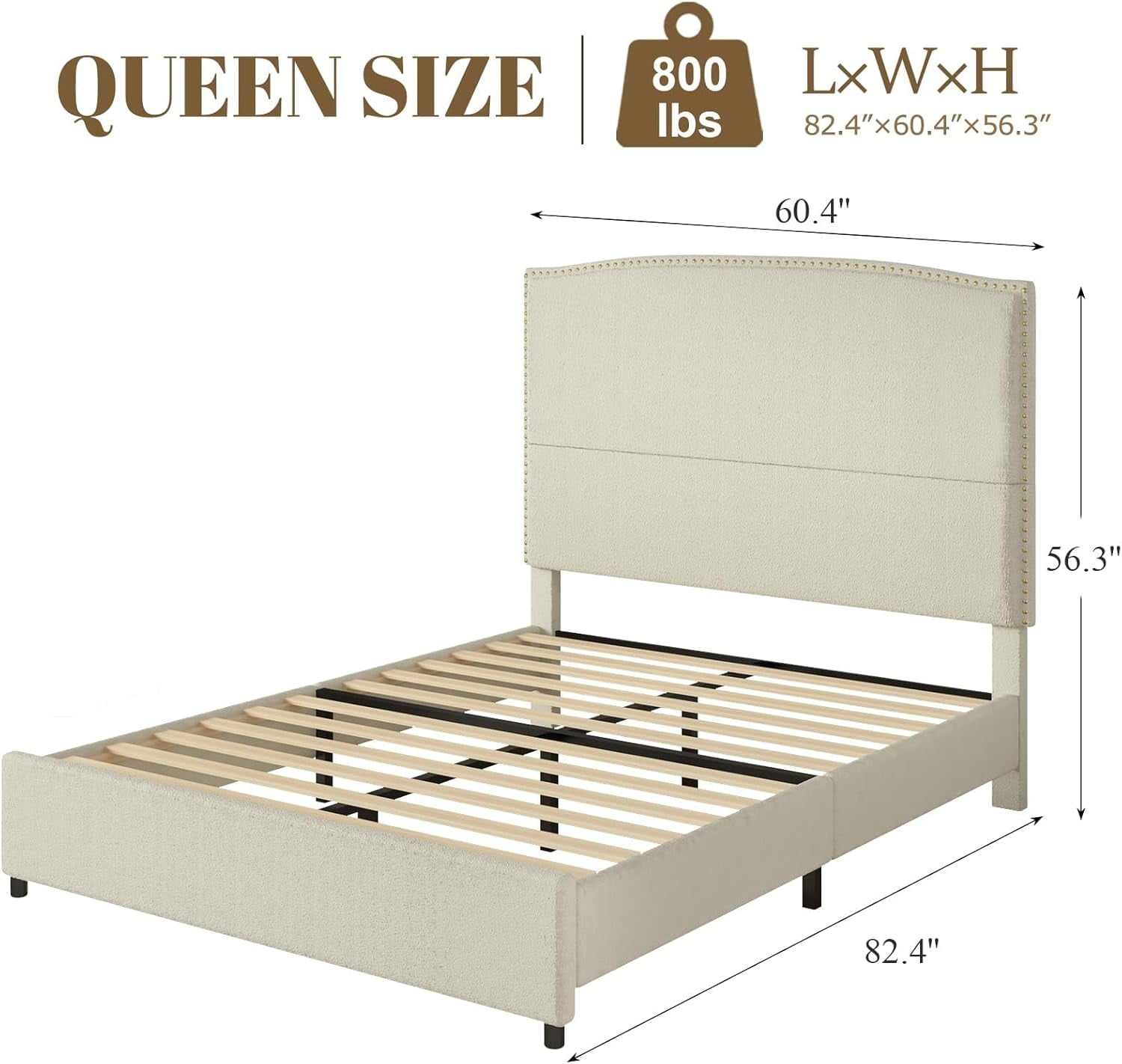 4 EVER WINNER Queen Bed Frame with 56" Tall Headboard, Queen Size Bed Fwith Nailhead Trim Headboard, Queen Upholstered Platform Bed, Beige