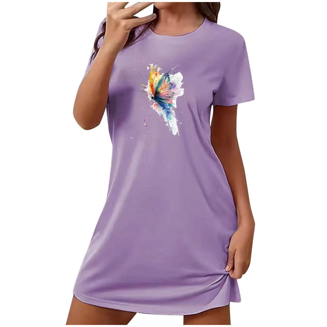 Pyjama à Manches Courtes pour Femmes, Grande Taille, Chemise de Nuit Douce Imprimée avec Imprimé Poitrine, Robe de Nuit Décontractée pour Dormir Ou Se Détendre à la Maison