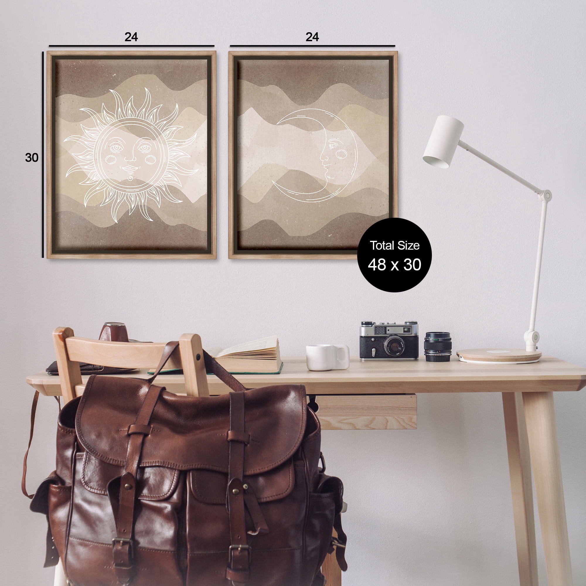 Stupell Industries Astral Boho Sun & Moon Landscape Painting Brown Floater Framed Canvas Art Print Wall Art, 25 x 31, Set of 2