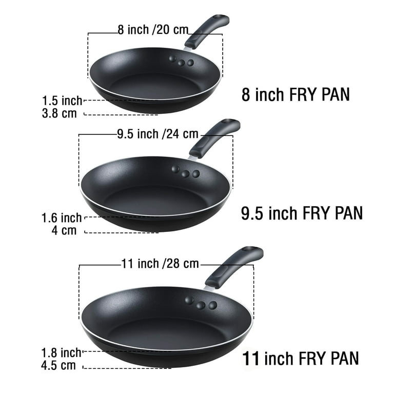 Cook N Home Basics Nonstick Saute Skillet Fry Pan 3-Piece Set, 8 inch/9.5- Inch/11-inch Non-Stick Frying Pans, Black 