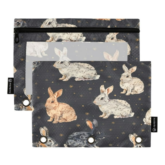2 Pack Pencil Bag 9.84x6.1 Inch 3-Ring Page Turning Folder Zipper Pencil Case Pencil Bag Page Turning File BagMany Rabbits