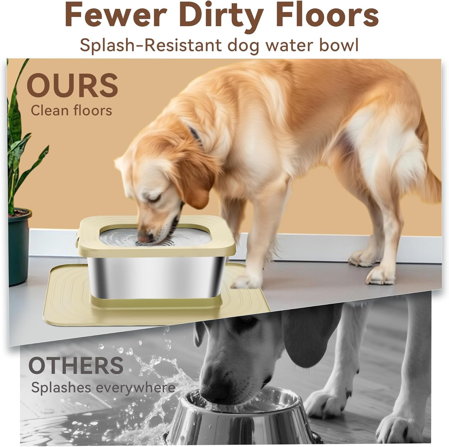 10L No Spill Dog Water Bowl, 2.6 Gal Stainless Steel No Splash Large Dog Water Bowl with Non-Slip Silicone Mat, Spill Proof Slow Drinking Pet Bowls for Messy Drinkers Indoor/Outdoor Use Beige