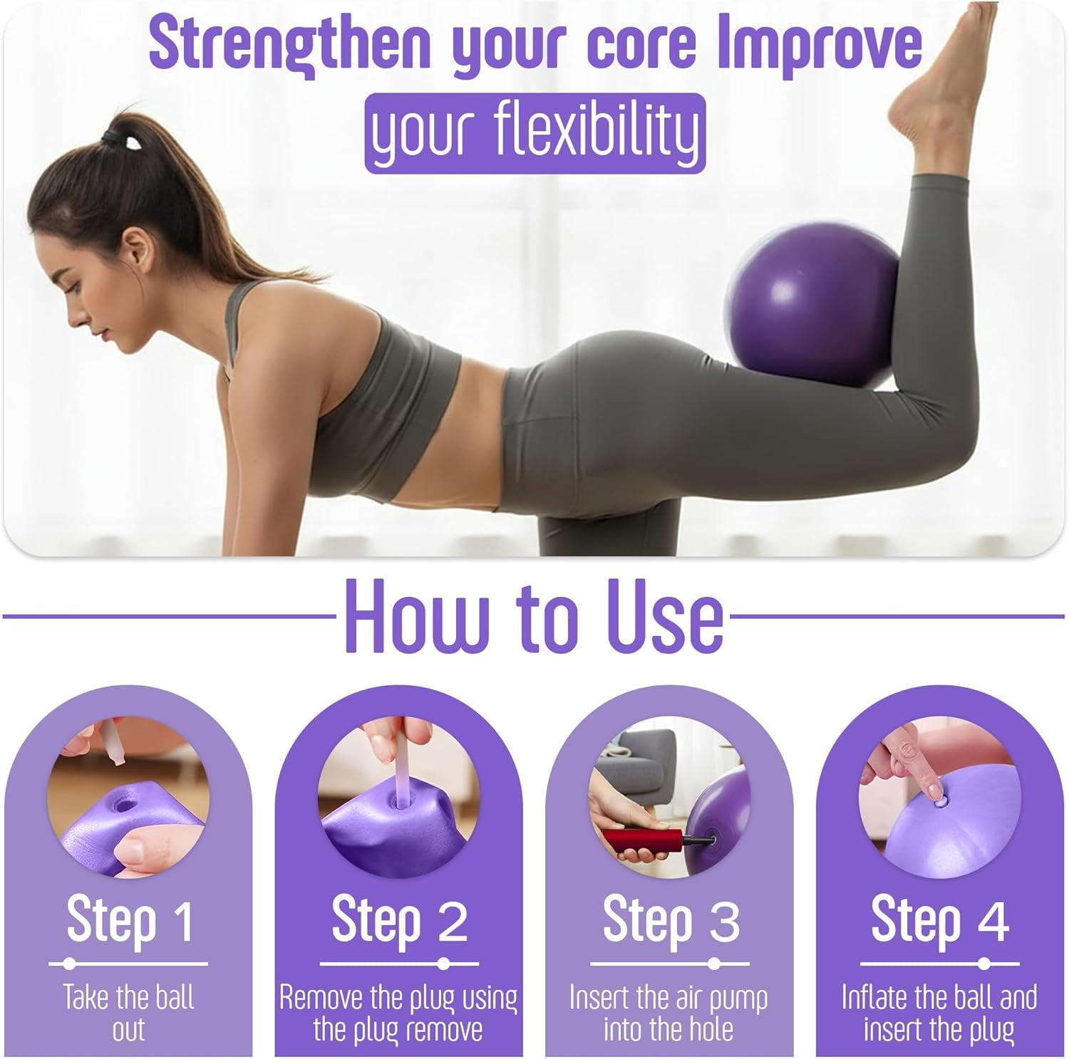 AMAVIK Pilates Kit 15-Piece Home Workout Set of 5 Resistance Bands Pilates Ring and Ball Set with Accessories-A Complete Pilates Set for Women to Improve Strength, Flexibility and Balance Body-Purple