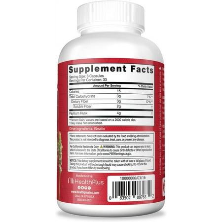 Health Plus Colon Cleanse Digestive Support | All Natural Daily Fiber for Toxin Elimination To Reduce Bloating | Psyllium Husk | Supports Heart Health | 200 Capsules, 33 Servings