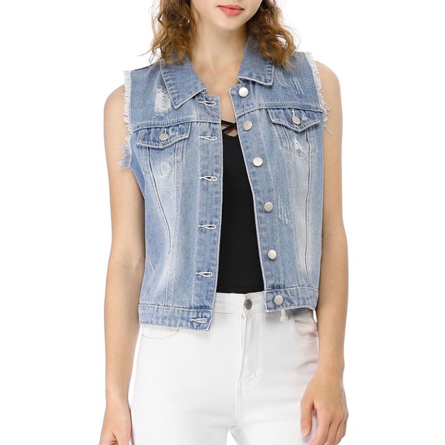 Unique Bargains Women's Turn Down Collar Button Denim Washed Vest