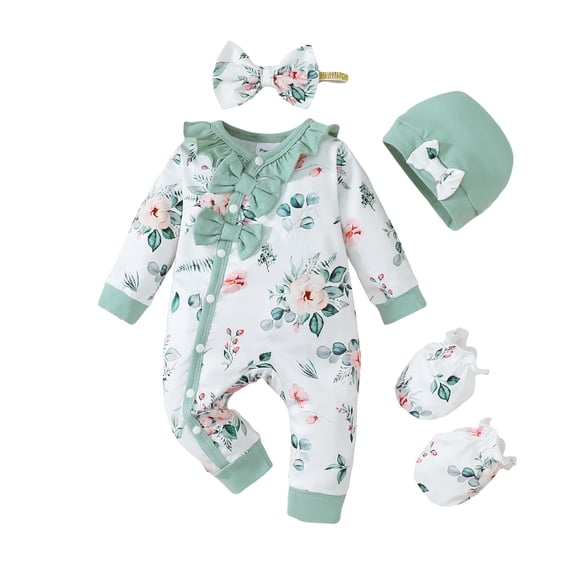 KIMI BEAR Newborn Baby Girls Romper Long Sleeves Floral Bodysuits with Headband 2pcs Baby Girls One-piece Green Preemie