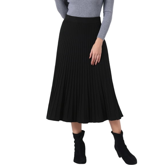 INSPIRE CHIC Women's Pleated High Waist Stretch A-Line Casual Knit Midi Skirt M Black