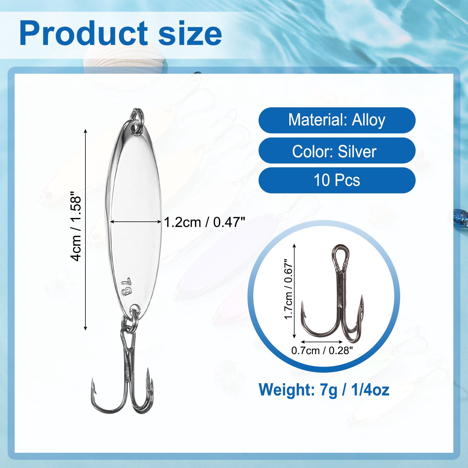 Uxcell Fishing Spoons Lures, Metal Saltwater Treble Trout Lures Jigging Spoon with Treble Hooks Casting Spinner Baits 10 Pcs & 1/4oz & Silver - Fitting for (Freshwater/Salmon/Bass/Trout)