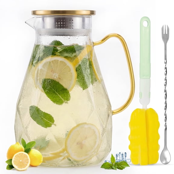 74 oz Glass Pitcher with Golden Lid & Spout, 2.2L Diamond-Cut Glass Water Carafe with Handle & Gold Stainless Steel Lid, Hot & Cold Safe, Dishwasher-Friendly, Ideal for Juice, Milk, Coffee, or Tea