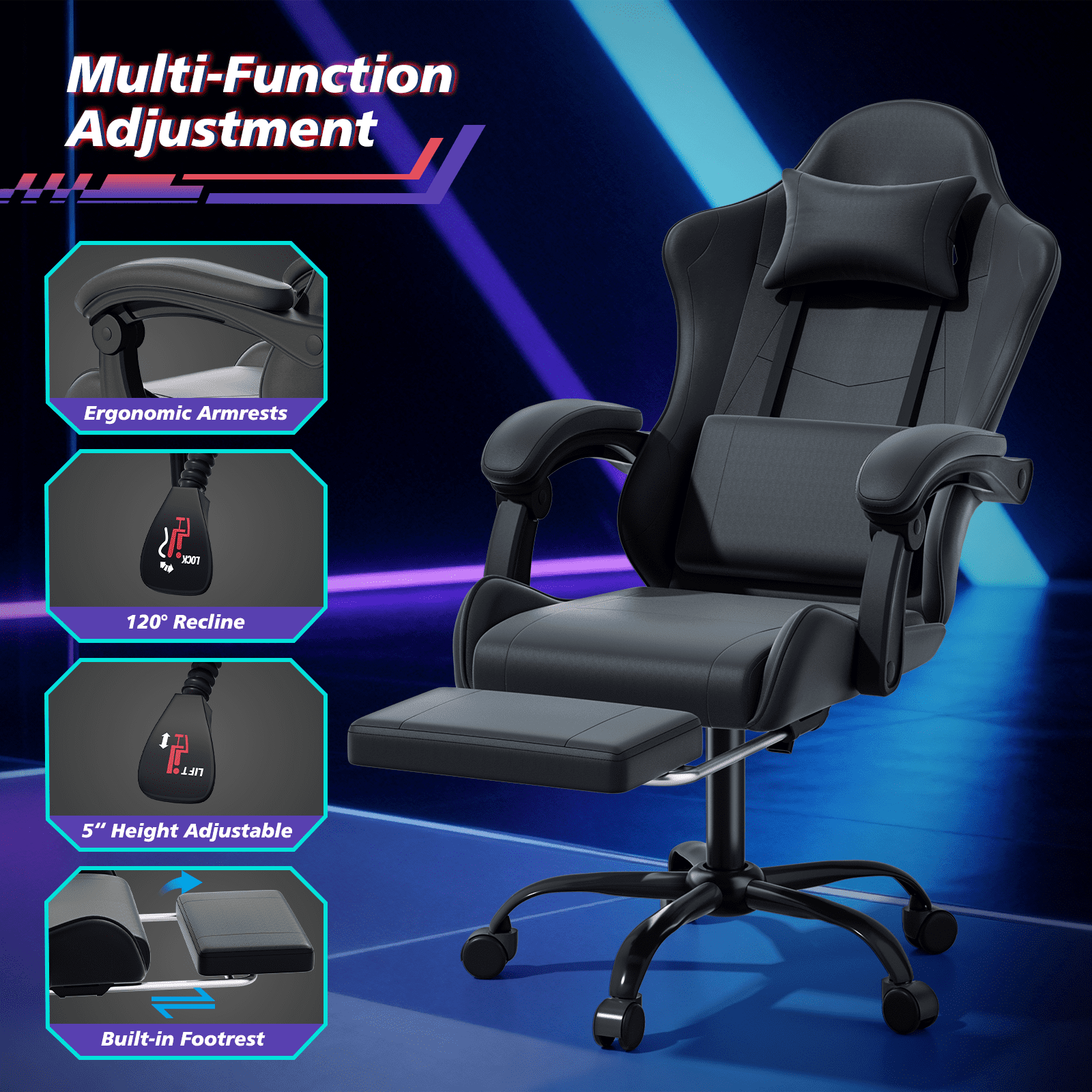 Magshion Ergonomic Gaming Chair with Headrest, Lumbar Support & Footrest - Adjustable Reclining Computer Chair for Adults, High Back Office Desk Chair, 350lbs Capacity， Black