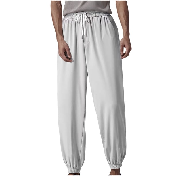 Pantalones largos de moda para hombre, con bolsillos, de color liso, informales, de seda helada