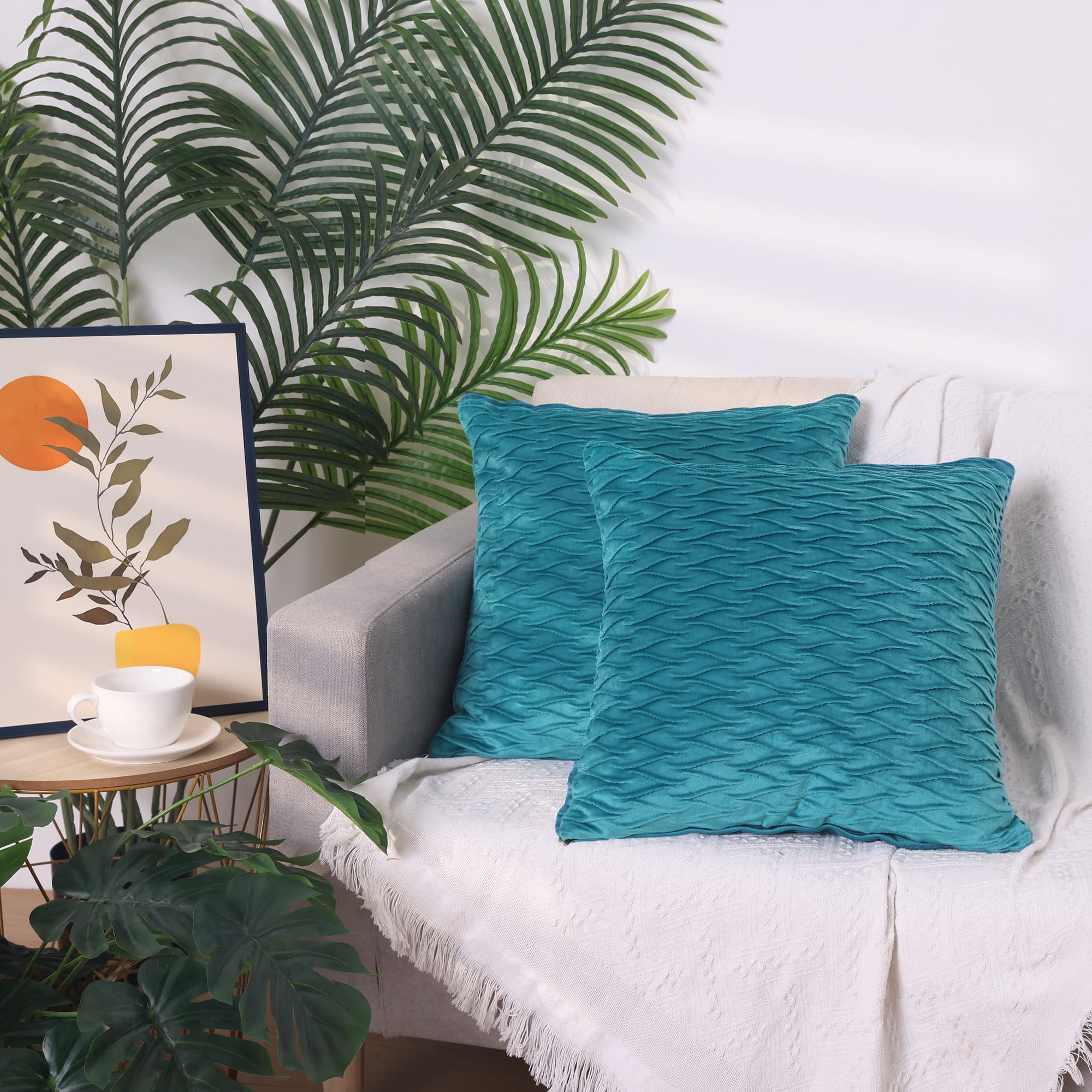 Unique Bargains 4 Solid Striped Square Decorative Throw Pillow Covers Textured Pillowcases Light Blue 18" x 18"