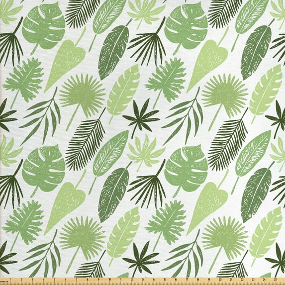 Philodendron Fabric by the Yard, Monochrome Hand Drawn Leaves Pattern, Decorative Upholstery Fabric for Sofas and Home Accents, Reseda Green Olive Green by Ambesonne