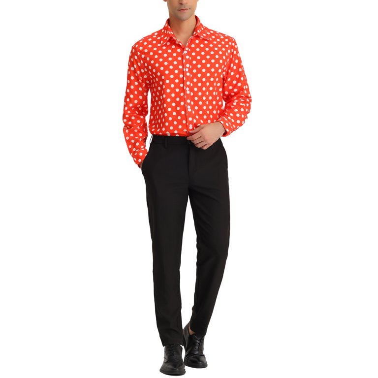 Mens Casual Long Sleeve Dress Shirts Polka Dots Printed Regular