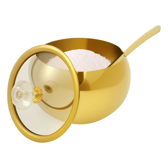 Sugar Bowl with Glass Lid and Spoon Sugar Container of Coffee Bar Accessories Stainless Steel Jar for Salt Tea Brown Sugar Cube Dishwasher Safe Kitchen Decor Countertop Storage Gold