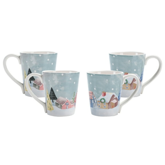 Bico Nordic Village Ceramic Mugs, Set of 4, for Coffee, Tea, Drinks, Microwave & Dishwasher Safe