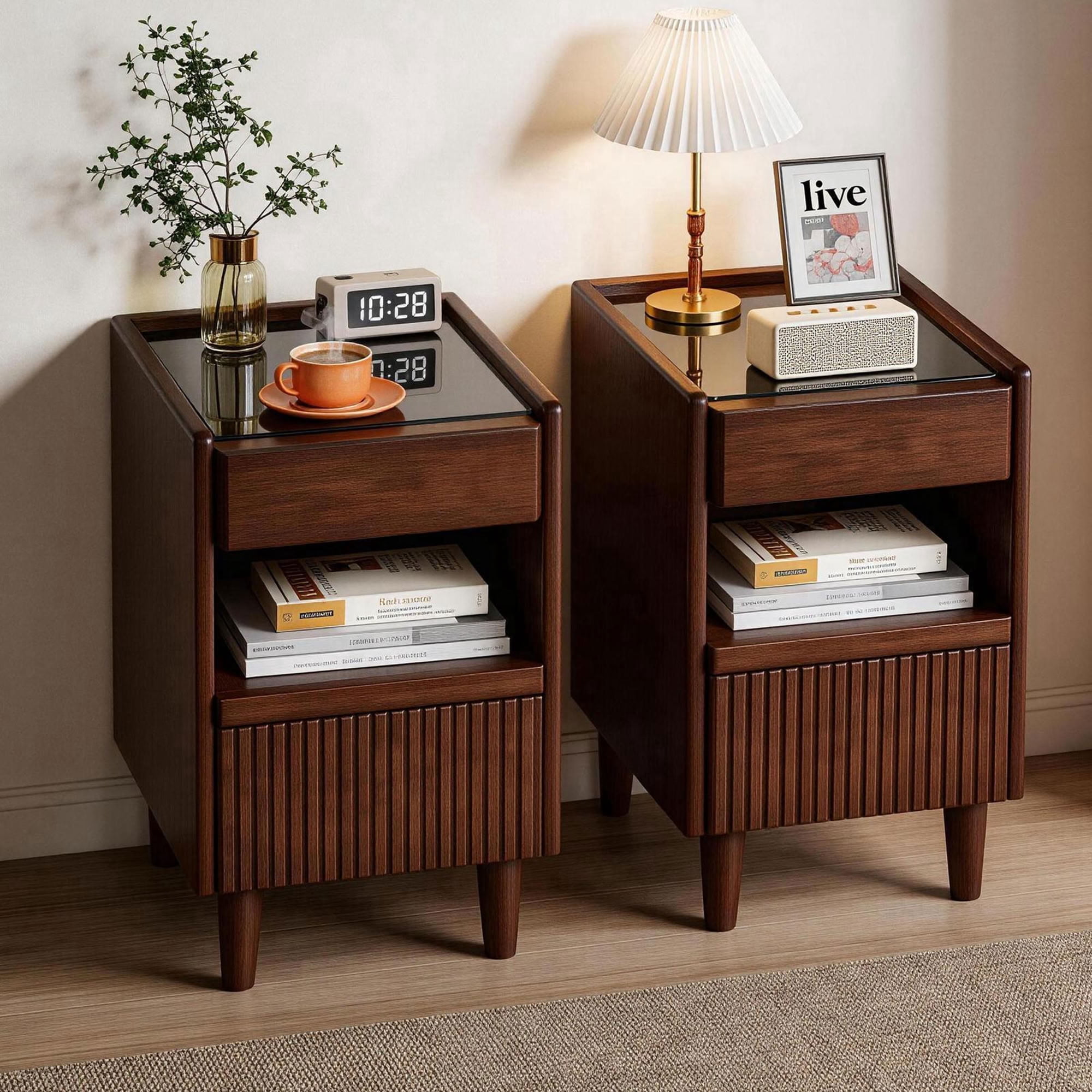 MAYEERTY Narrow Solid Wood Nightstand with Drawer & Open Shelf, Fluted Front Bedside Table with Glass Top, for Bedroom Living Room Small Apartment Dorm