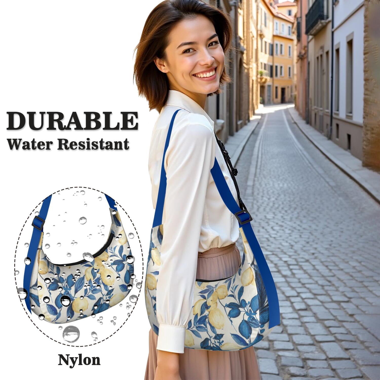 Fresh Lemon Floral Print Crossbody Tote Bag for Women, Summer Fruit Shoulder Purse, Lightweight & Water-Resistant Hobo Handbag, Large Capacity for Daily Use