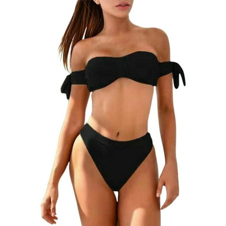 Womens Swimsuits Solid Color Strapless Bra And High Waist Panty Set Split Two Piece Tankini Swimsuits For Women Swimwears Sportwear Black S
