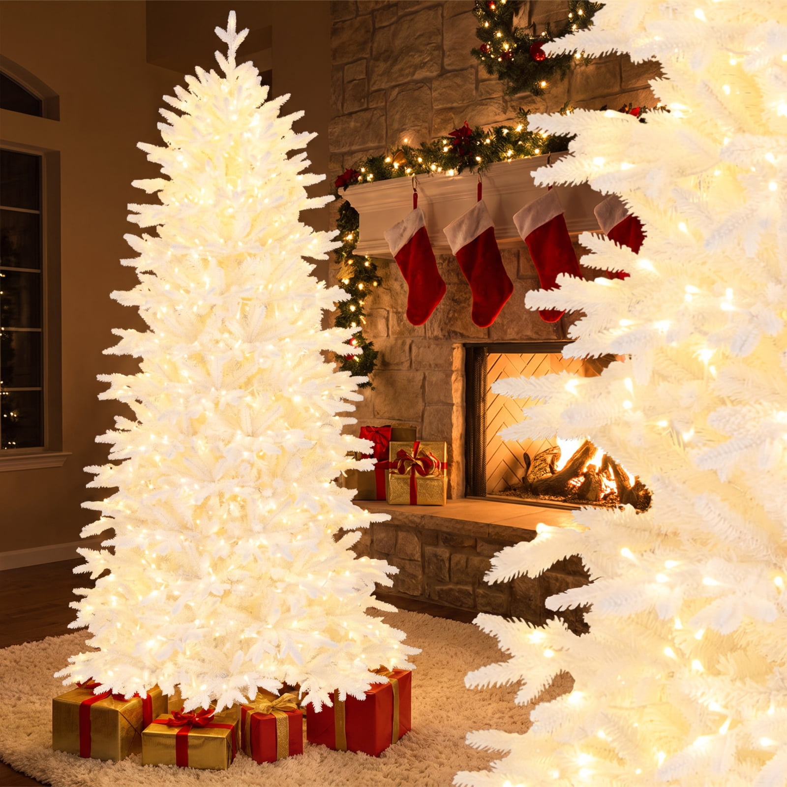 RUIE 7 ft White Christmas Tree, Pre-Lit Artificial Xmas Tree with 900 LED Lights and 1880 Branch Tips, Full Snowy Holiday Tree
