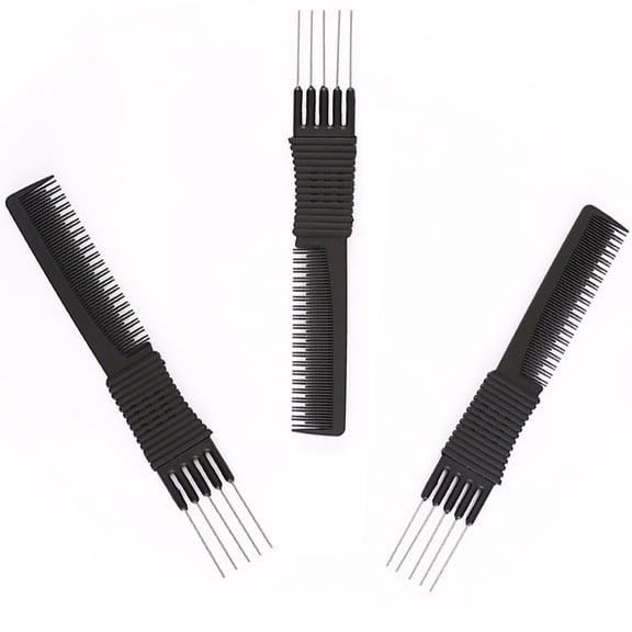 Casewin 3 Pieces Metal Hair Pick Lift Hair Pick Salon Teasing Back Combs Pink or Black Carbon Comb with Stainless Steel Lift Teasing Combs with Metal Prong Combs for Women (Black)