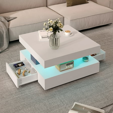 Modern White LED Coffee Table w/ 2 Storage Drawers - Mid-Century Square Cocktail Table 2-Tier Wood Design for Living Room Home Office & Waiting Rooms