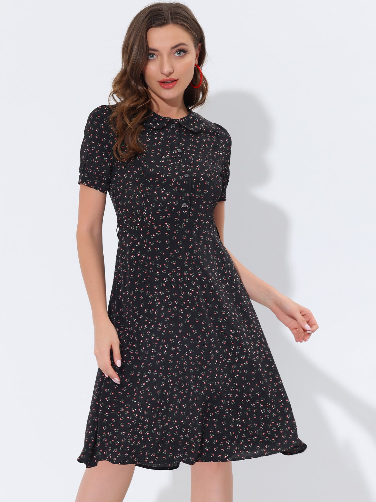 DARING DIVA Peter Pan Collar Tie Neck Elegant Floral Dress with Belt M Black