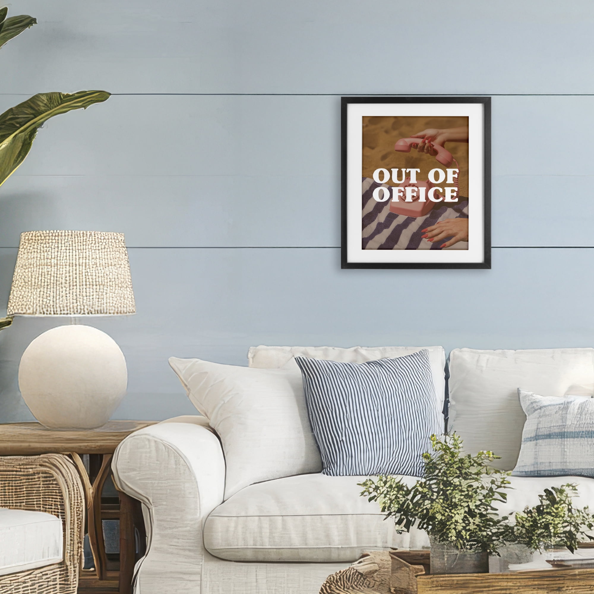 Out of Office Pink Phone Black Framed Print Under Glass, design by Lil' Rue