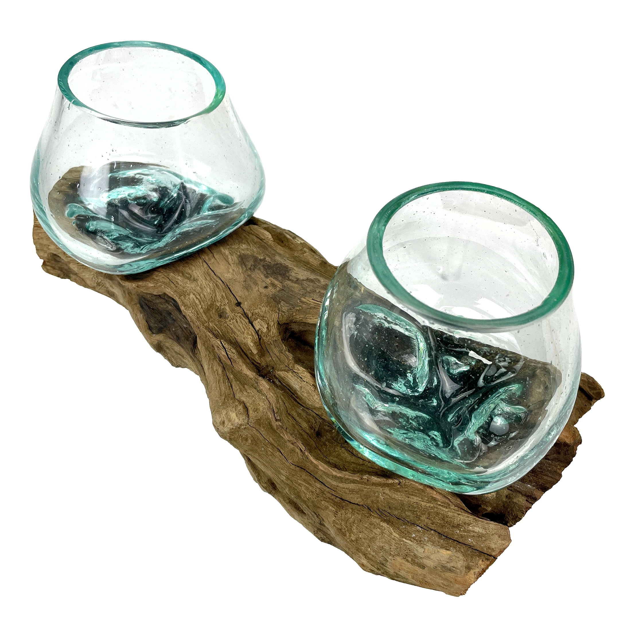 Things2Die4 10.5" Double Molten Glass Bowls on Driftwood Hand Blown Planter Terrarium Decor - Natural - Size 10.5 inch Double Bowl