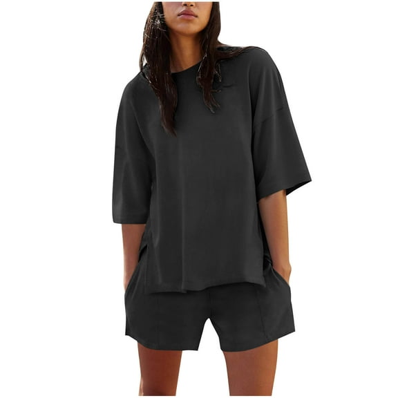 AHTJRT Women's Shorts Sets 2 Piece Outfits Fashion Crew Neck Lounge Sets Tralvel Hiking Sets Beach Summer Matching Clothing Black XXL