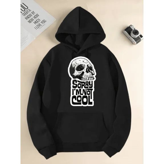 Men's Printed Hooded Solid Color Sweatshirt With Skull And Sorry I'm Not Cool Slogan Graphic, Comfortable Soft Long Sleeve Tops Unisex Casual Hoodie