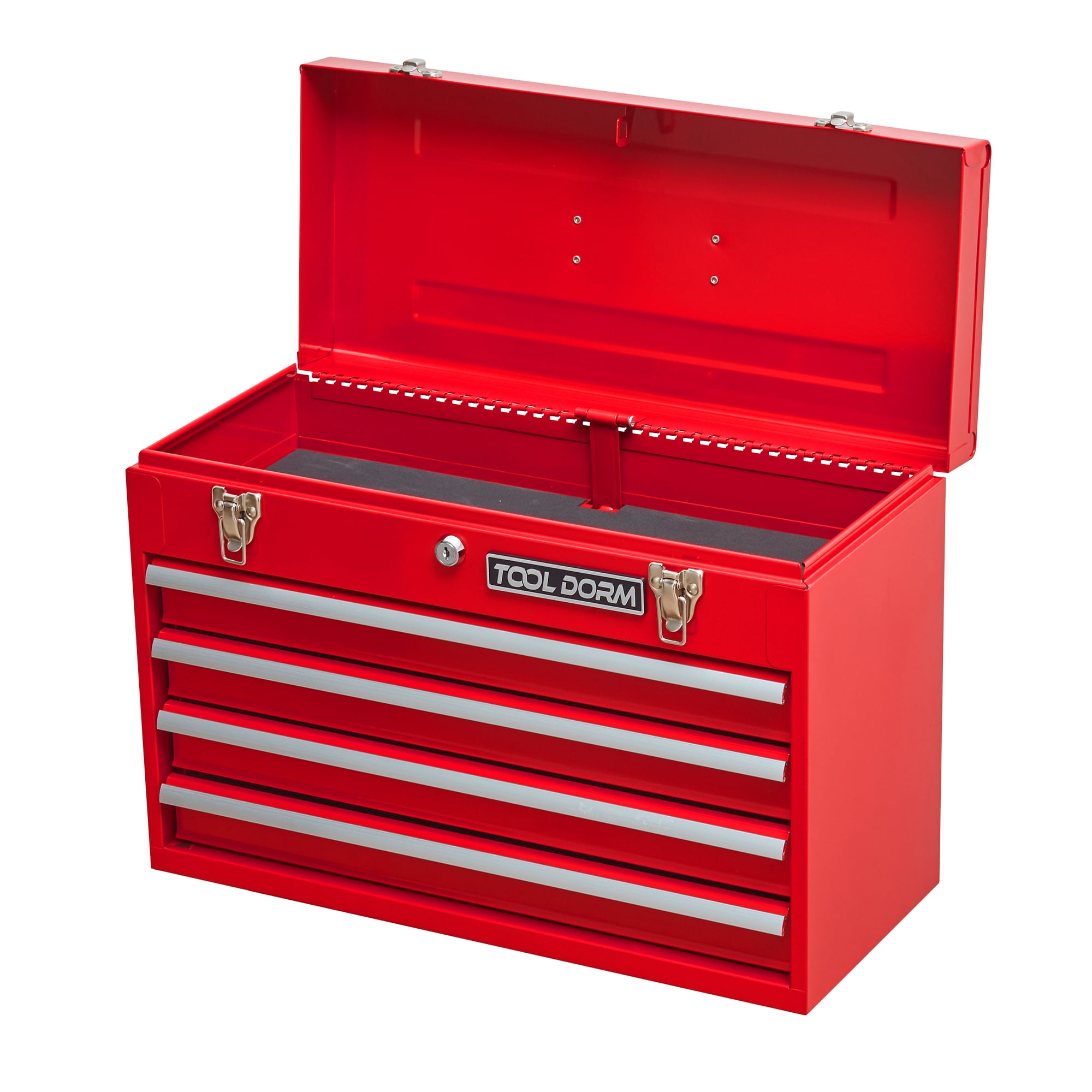 Metal Tool Box with 4 Drawers Portable Steel Tool Chest with Metal Cylinder Lock and Latch Closure, Liner, Red Powder Coating, Suitable for Garage, Warehouse and Outdoor