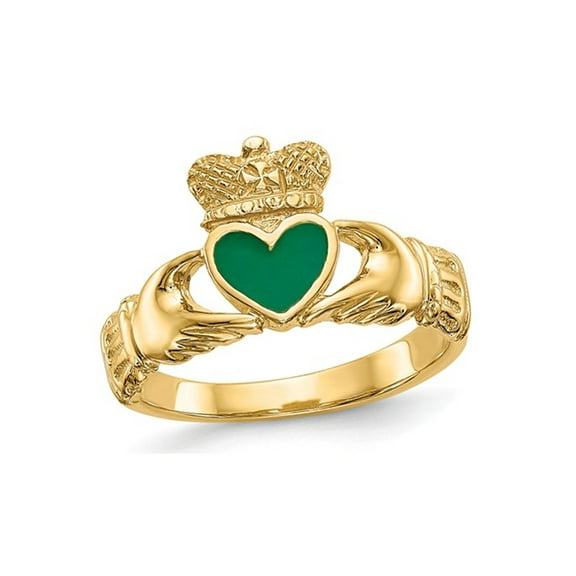 Gem & Harmony Ladies Claddagh Ring in Polished 14K Yellow Gold with Green Enamel for Women