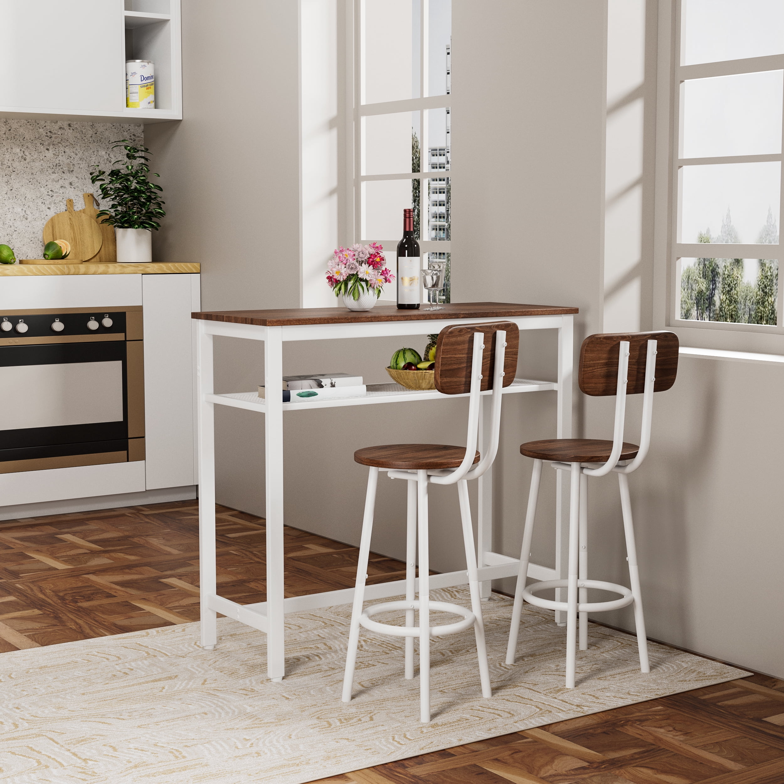 3-Piece Bar Table Set,Bistro Kitchen Table Sets with Metal Frame & Storage Rack,Modern Counter Height Table with 2 Stools for Kitchen, Dining Room, Living Room,