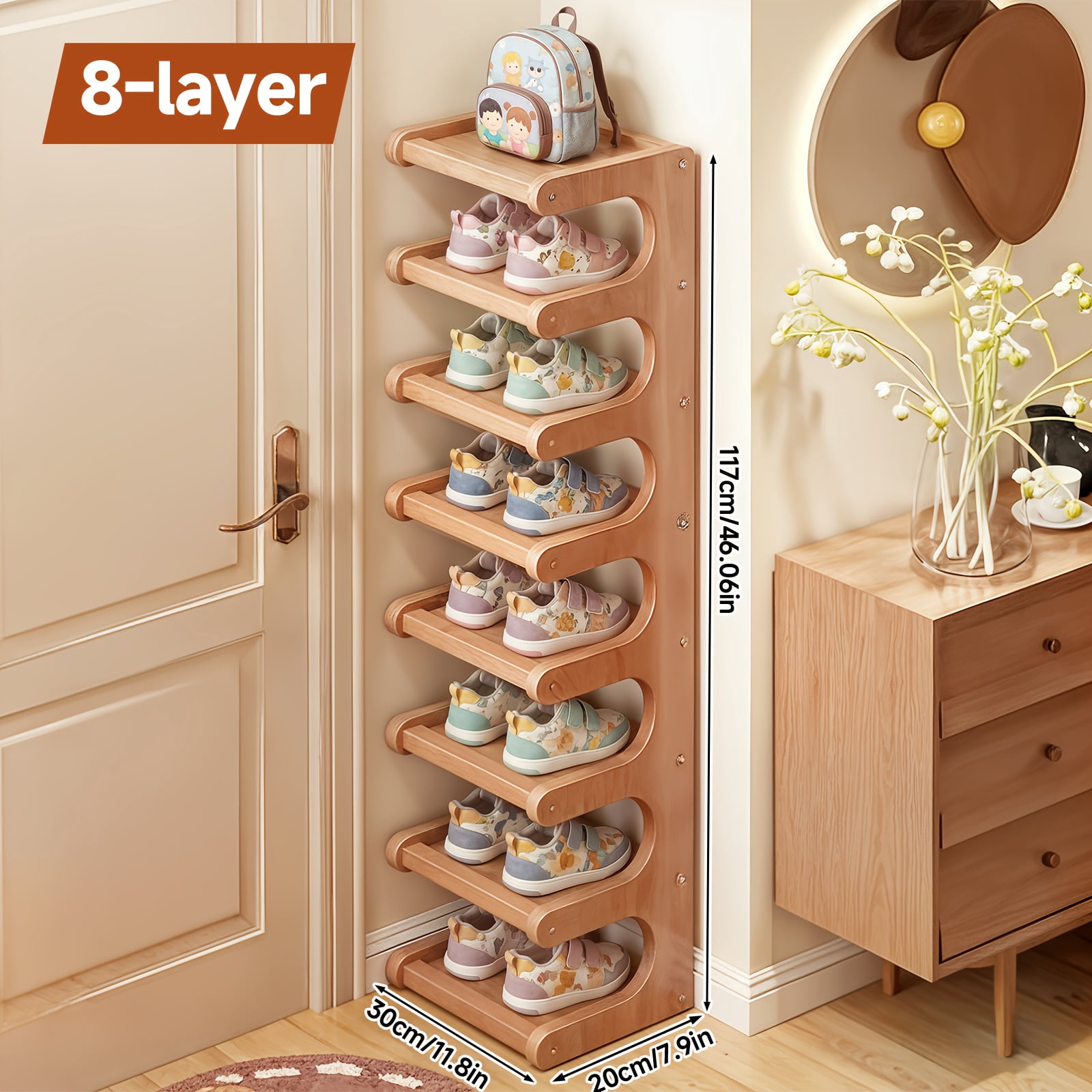 7 & 8 Tier Bamboo Wood Grain Square Shoe Rack, Anti-Wobble Freestanding Vertical Shelf, Easy Assembly Space-Saving Storage for Entryway/Dorm, Spring Household Organizer, Brown