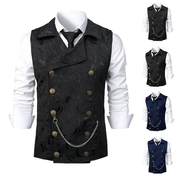 FRSASU Mens Double Breasted Suit Vest, Stylish Paisley Slim Fit formal Business Dress Waistcoat Navy