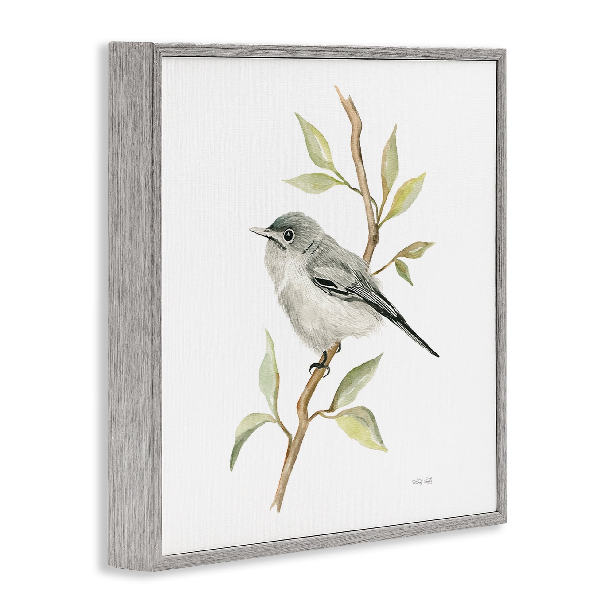 Stupell Industries Bird on Simple Branch Animals & Insects Painting Gray Framed Art Print Wall Art, 12 x 12