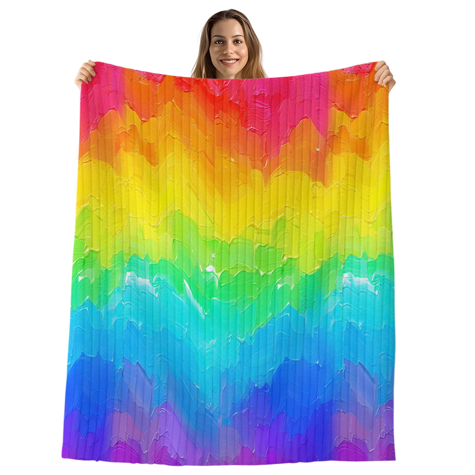 Rainbow Oil Painting Throw Blanket, Flannel Fleece Blanket with Striped Design for Couch, Watercolor Colorful Abstract Art Soft Breathable All Season Plush Blankets for Sofa Office Travel 40"x50"