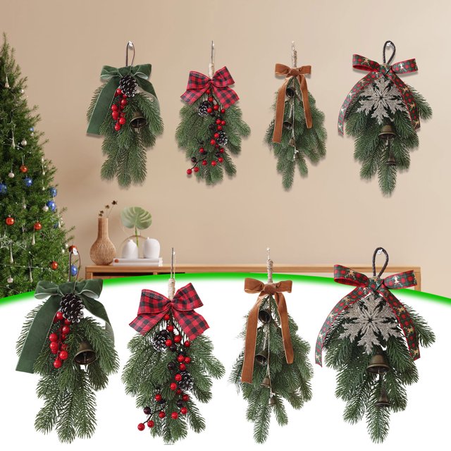 Decorar Corona navideña para colgar en la puerta con lazo, ideal para decoración festiva del hogar (1 unidad). JASKFLY