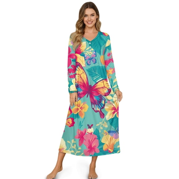 SEANATIVE Women's Nightgowns Soft Button Front Sleep Shirt Long Sleeve Night Gown Fall Winter Pajama Dress Cozy Full-Length Nightwear for Home Bedroom, S, Butterfly Floral Leaf