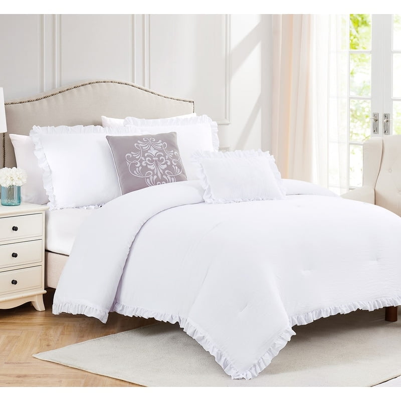 Portland 5Piece Washed Ruffled Comforter Set in White King Walmart