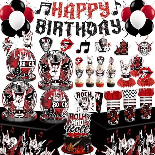 Rock and Roll Party Decorations, 207 PCS Rock n Roll Party Decorations Set with Plates, Cups, Napkins, Banner, 2 Tablecloths, Balloons, Music Birthday Decorations for Boys & Girls, Serves 25