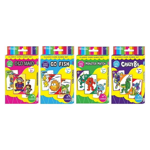 BAZIC Cards Game Go Fish, Monster Match, Old Maid, Crazy 8's (36/Pack), 4-Packs