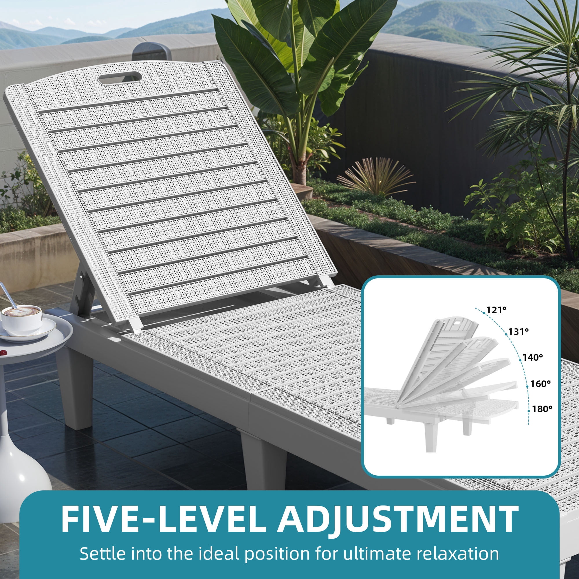 Uforic Outdoor Plastic Chaise Lounge Chair, 5-Position Adjustable Waterproof Poolside Recliner, Easy Assembly Patio Lounger for Garden Backyard, Grayish White, 1 Piece