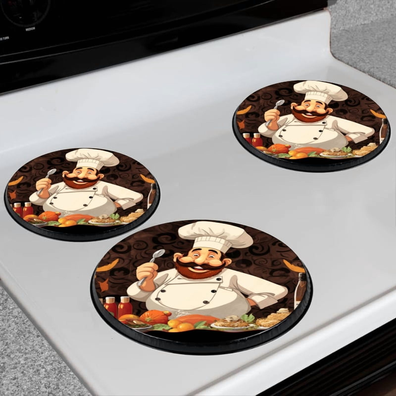 Bahomeck Electric Stove Burner Covers Set Of 4,Cartoon Chef Holds Up Spoon While Standing Metal Gas Stove Burner Covers,Protecting Gas Stoves,8 Inch And 10 Inch