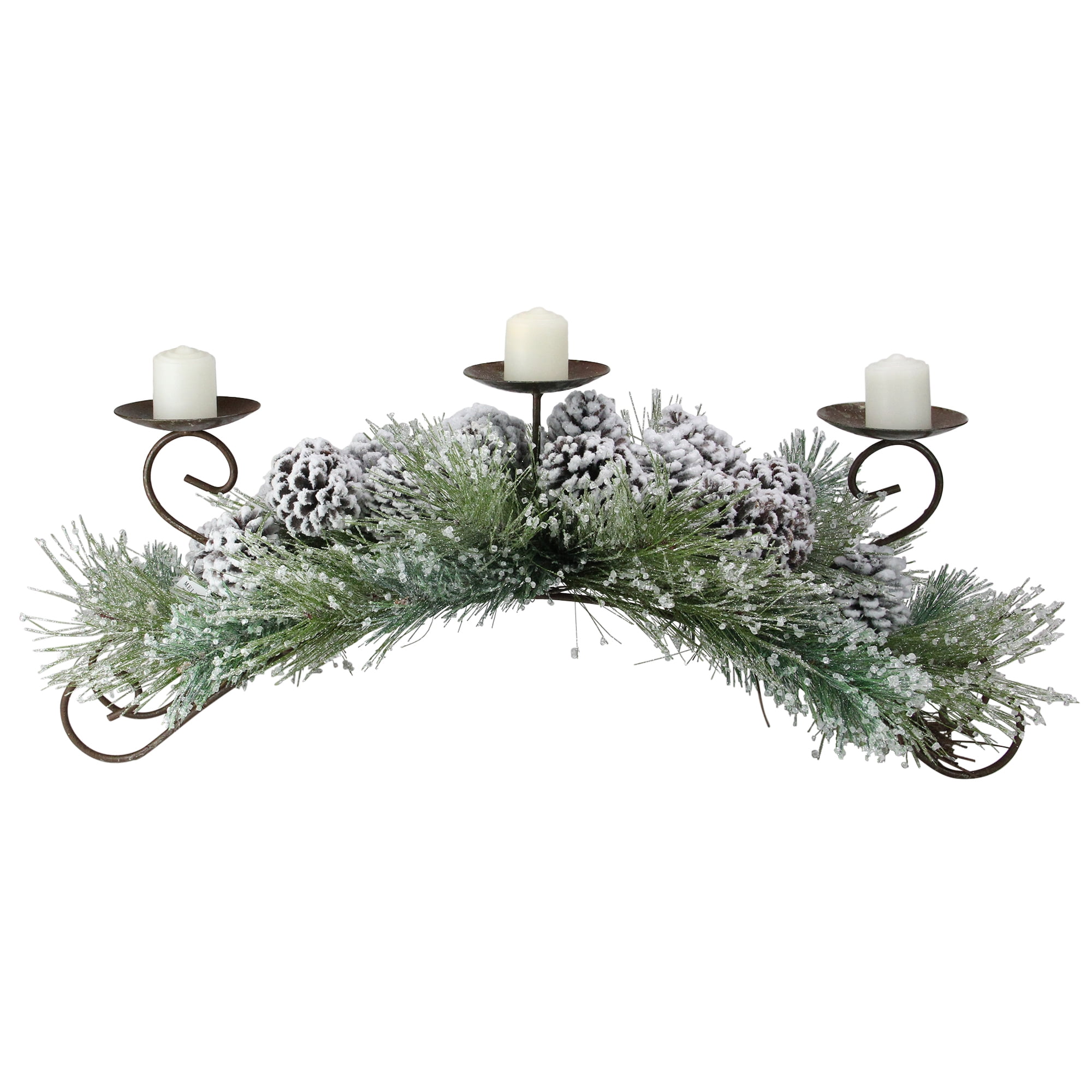 Melrose 30" Frosted Pine and Pine Cone Christmas Candle Holder Green
