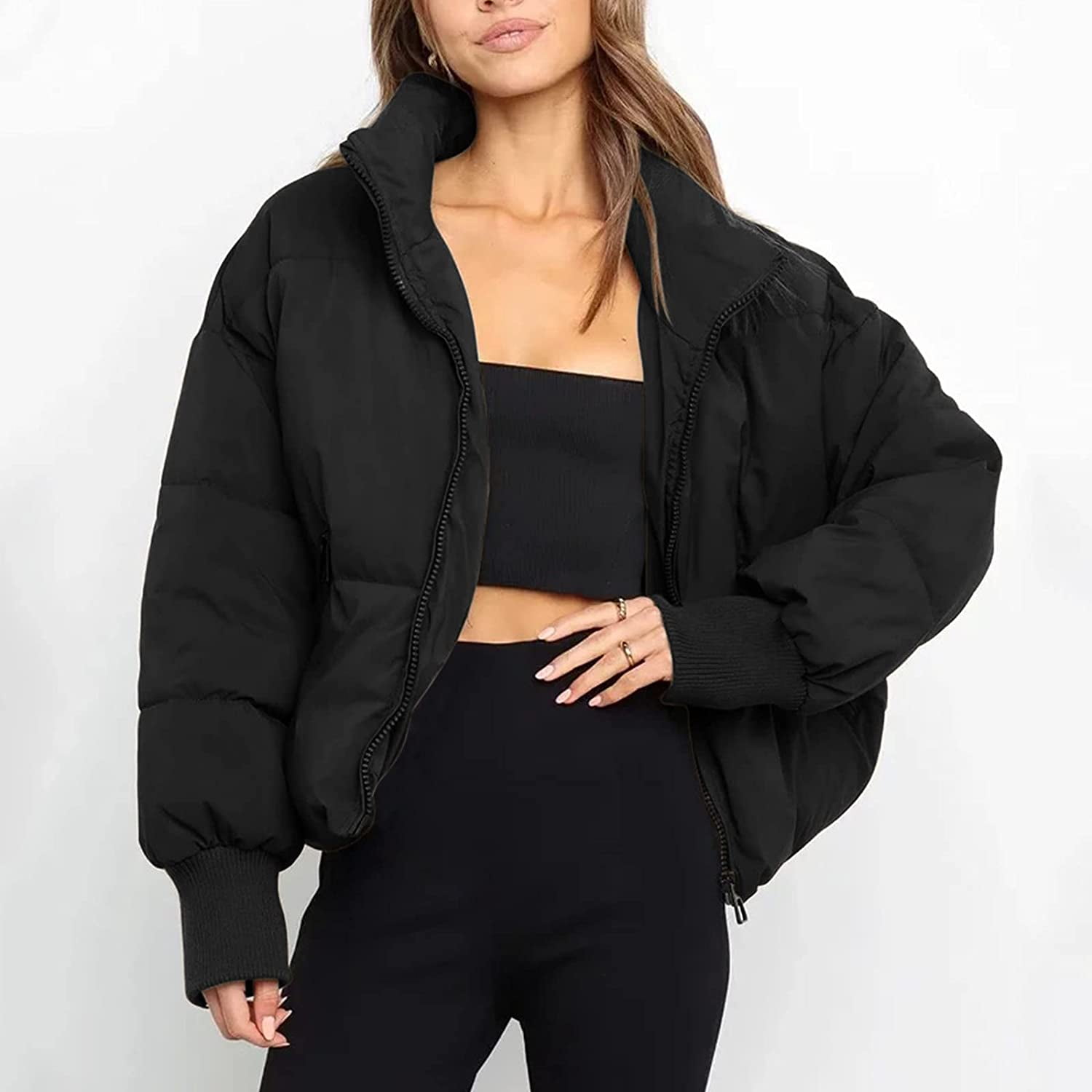 Black Peach Skin Cropped Bubble Puffer Jacket, 47% OFF