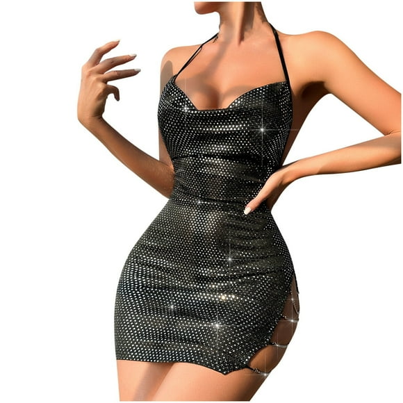 TSADFHJI Black Skirt Plus Size Ladies Illuminated Piece Hanging Neck Sleeveless Short Skirt Open Back Chain Sexy Slim Fit Wrapped Dress S Black